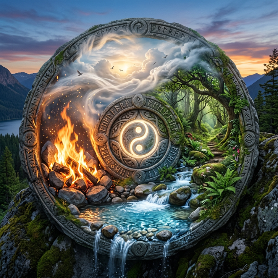 Stone circle with yin-yang symbol, fire on left, forest path and water on right
