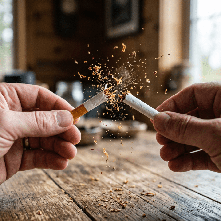 Two hands breaking a cigarette in half with tobacco falling out
