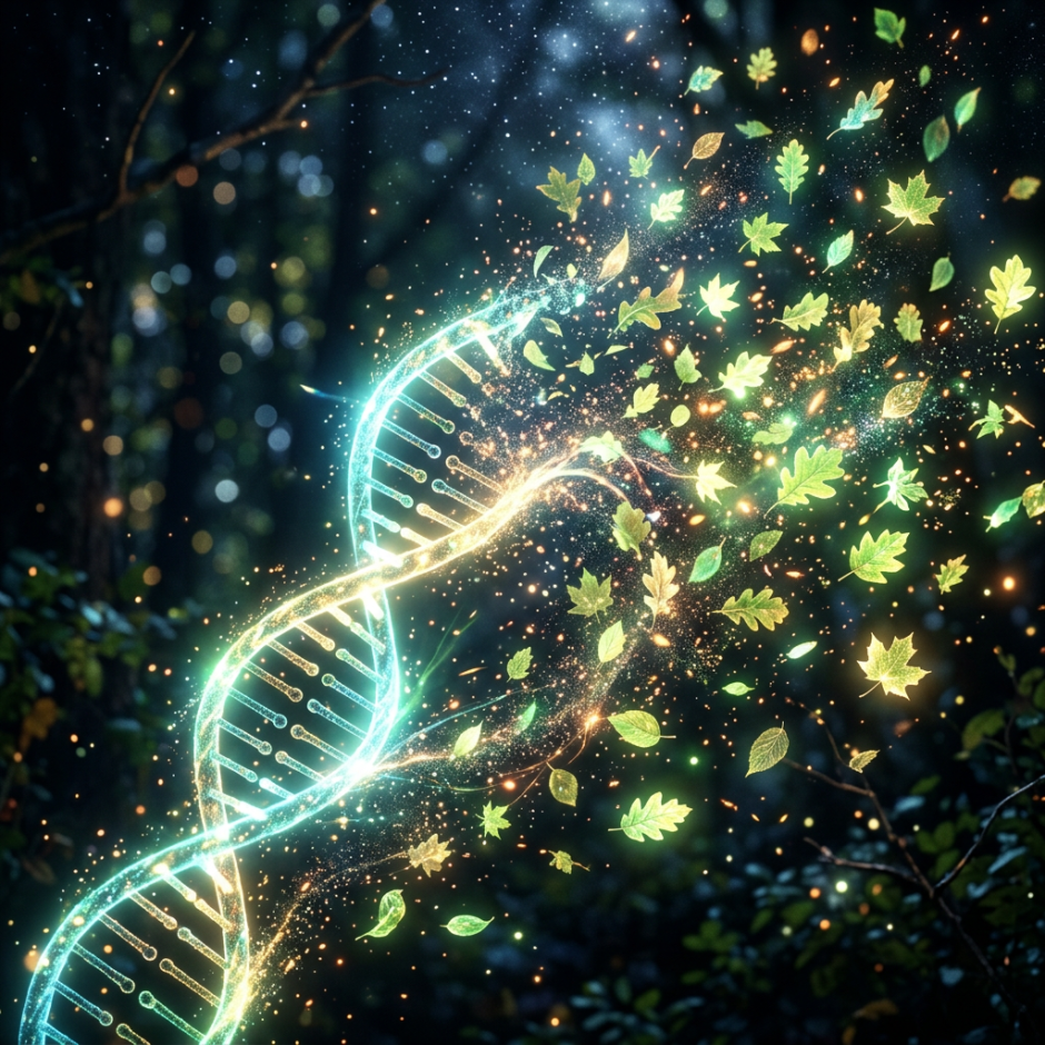Glowing DNA double helix transforming into scattered bright green leaves in a forest