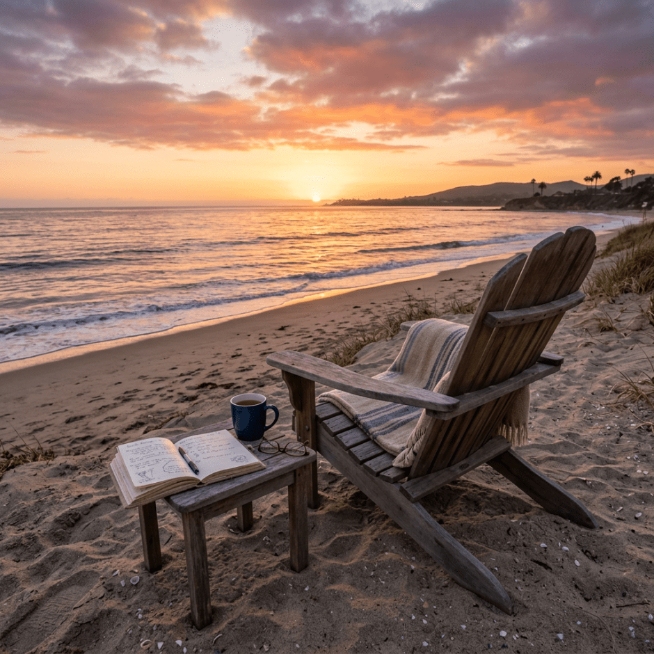Wooden chair and small table on sandy beach at sunset with notebook and cup of coffee